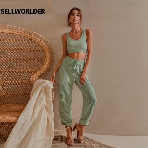 Green Sleeveless Fitness Suit Set Women Crop top and pant Two piece set Casual Fashion Pocket Ladies Autumn Tracksuit