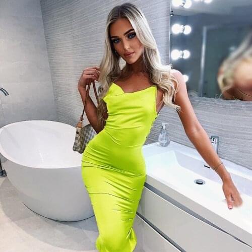 Women spaghetti strap long bodycon dress summer fashion 2019 ladies neon green coral red sexy party club backless dresses