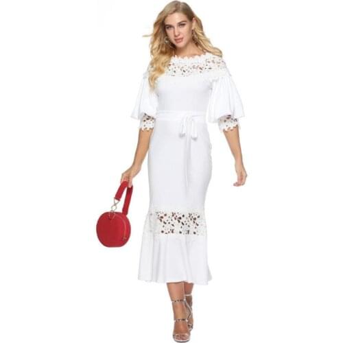 ENLU women autumn long dress Short sleeve white party sexy dress belt falbala zipper apricot off shoulder mermaid dress