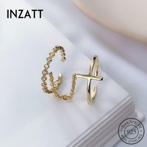 INZATT Real 925 Sterling Silver Geometric Zircon Opening Ring For Women Party Hyperbole Fine Jewelry Cross Accessories