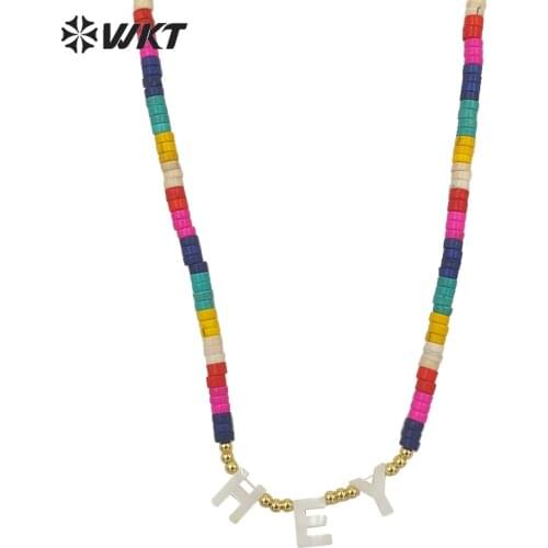 WT-JN159 Wholesale Women Bohemian style 4mm color turquoise beads letter necklace 16 inch choker stone beads 26 letters necklace