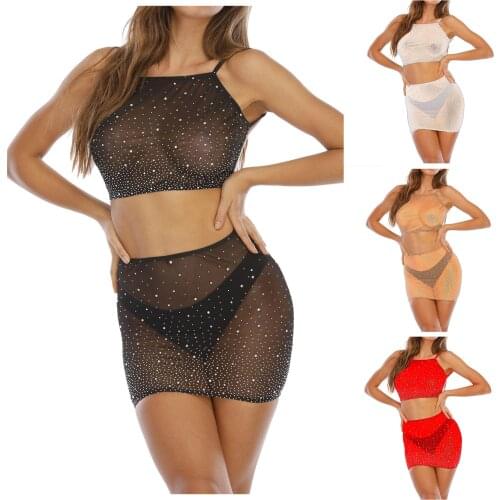 Women Sexy Net Dress Drilling Skirt Fashion Split Shiny See-through Camisole Underwear Set Underwear Bra Set Lenceria