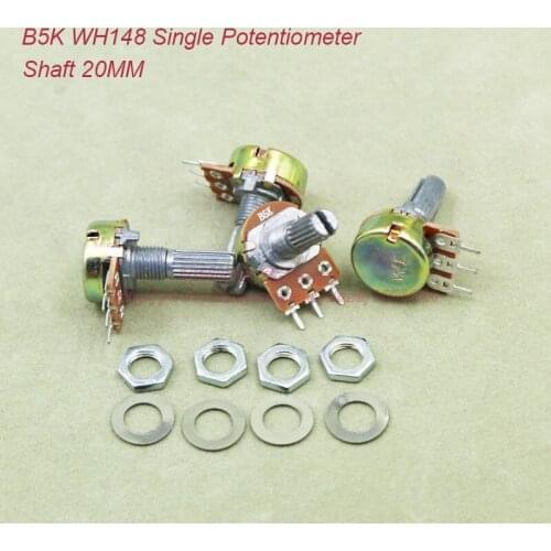 10pcs/lot) B5K 5K OHM 5KOhm WH148 Linear Single Rotary Potentiometer Pots Shaft 20MM With Nuts and Shim B5K-20MM