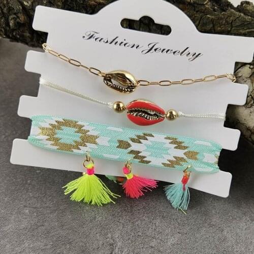 3 Pcs/ Set Women Bracelets Set Boho Gem Shell Coral Golden Allay Chain Tassel Bracelet Charm for Lady Summer Jewelry