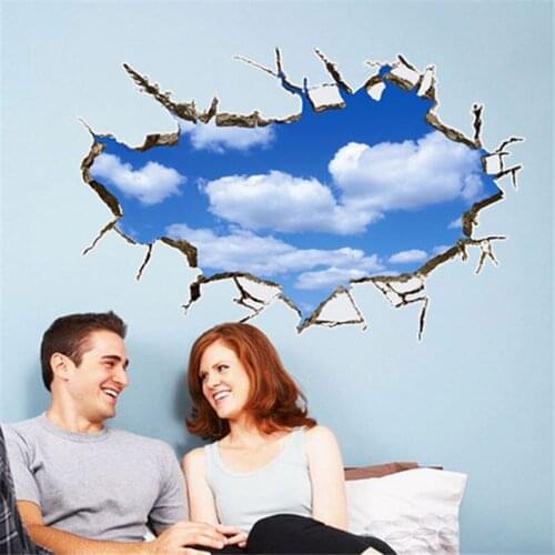 3D Broken Wall Blue Sky Cloud Cute Removable Wall Art Sticker Decal Home Kid Room Wall Stickers Decor Household Adornment