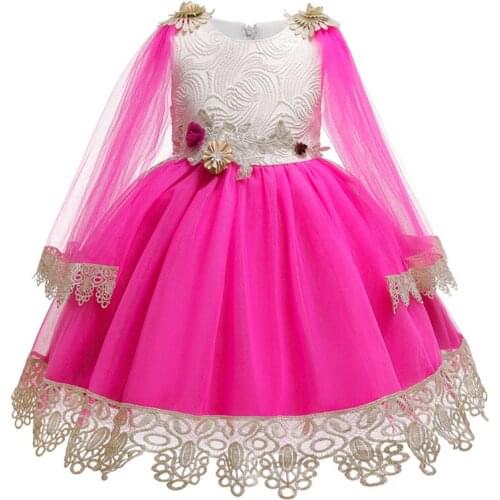 British Princess party clothes girls mesh shawl lace side T stage catwalk kids dress children flower girl applique wedding dress