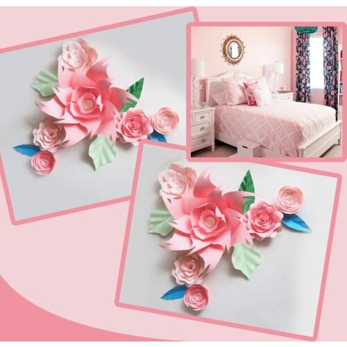 DIY Large Paper Artificial Flowers Wedding Fleurs Artificielles Backdrop Artificial Rose 6PCS + 5 Leave Bedroom Wall Deco Pink