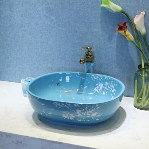 Europe Vintage Style Ceramic Washing Basin Bathroom Counter top Bathroom Sink wash basin oval blue