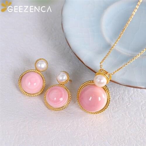 GEEZENCA S925 Silver Gold Plated Natural Shell Jewelry Sets Pendant Necklace Stud Earrings For Women Red Coral Shell Pearl Gift