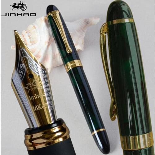 IRAURITA FOUNTAIN PEN JINHAO X450 DARK GREEN AND GOLDEN 18 KGP 0.7mm BROAD NIB FULL METAL BLUE RED 21 COLORS AND INK JINHAO 450