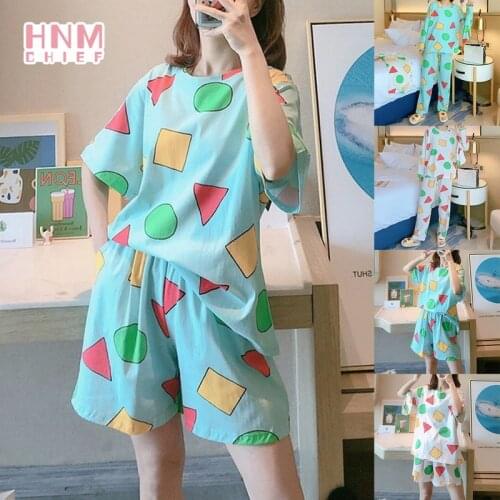 Summer Women Short Sleeve Home Pajama Sets Casual Loose Couple 2-piece Set Cute Print Japanese Pajamas Round Neck Nightgowns