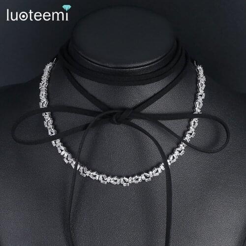 LUOTEEMI 2017 New Arrival Irregular Sparkling Cubic Zirconia CZ With Long Suede Choker Necklaces for Women Jewellery Gift