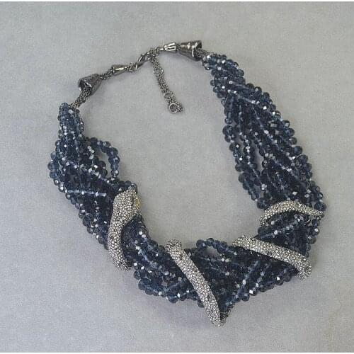 Multiple blue beads woven gem snake wrapped short necklaces atmosphere fashion street shooting luxury domineering