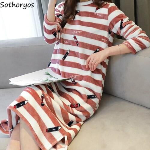 Nightgowns Women Soft Coral Fleece Warm Cartoon Printed Korean Style Leisure Trendy Womens Kawaii O-Neck Plus Velvet Thicker