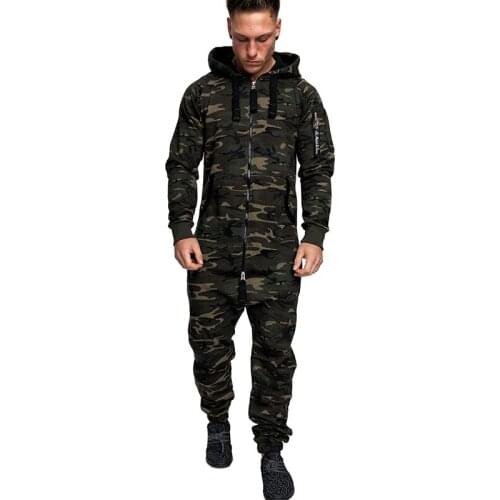 QNPQYX New Men Fashion Camouflage Hoodies Splicing Autumn Winter Loose Warm Long Sleeve Hooded Set Zipper Pants Rompers Jumpsuit