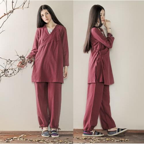 Autumn Winter Women Yoga Tai Chi Kungfu Meditaiton Set Cotton Linen Loose Shirt+pant Jogger Workout Outfit Wushu Casual Set