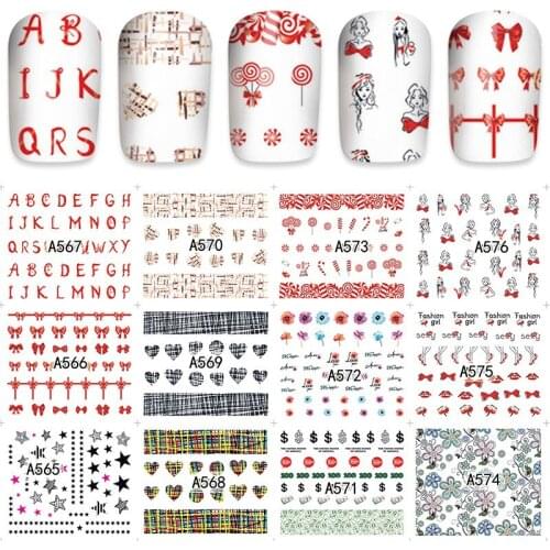 2018 Fashion12 sheet Water Transfer Nail Art Decals Stickers flower heart bow star pattern Nail Sticker Decorations DIY A565-76