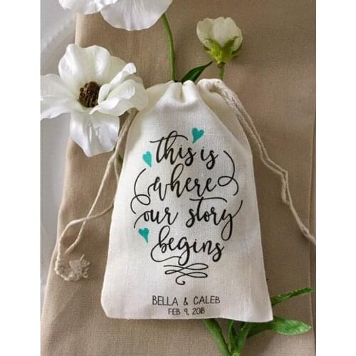 Personalized cotton wedding party bags 10pcs This is Where Our Story Begins engagement welcome drawstring bags bridal treat bag