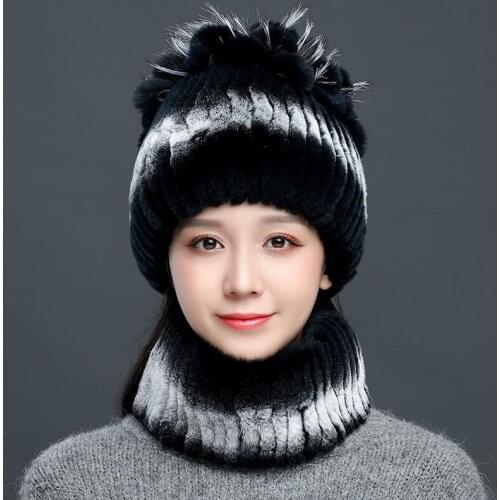 2pcs Winter Fur Hat Scarf Sets Female Genuine Rex Rabbit Fur Neck Ring Beanie With Pompom Knitting Caps Set