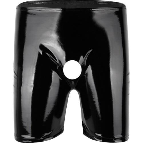 Mens Fashion Exotic Lingerie Boxer Shorts Sexy Gay Panties Sissy Underwear Underpant Shiny Leather Open Penis Short for Clubwear