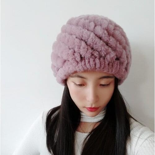 Knitted Real Rex Rabbit Fur Hats For Women Beanies Solid Elastic Fur Caps Winter Fashion Accessories