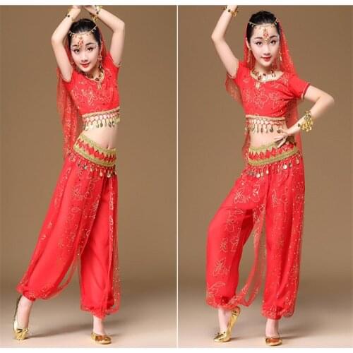 2018 Children/Kids Dance Clothes 8Pcs(Tops pants + belt + veil headdress + necklac+ Earring) Costume For Belly Dance Belli Danc