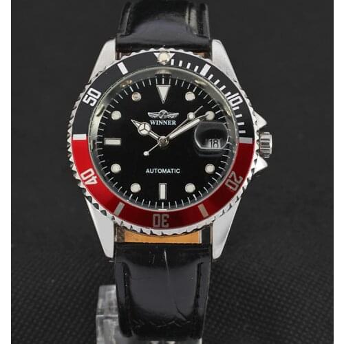 WINNER Unique Twotone Design Bezel Classic Auto Date Mechanical Self Wind Clock Fashion Casual Leather Wrist Watch