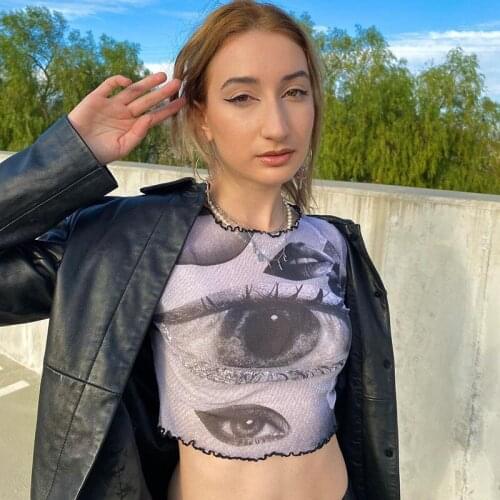 Y2K Womens Wear Short Sleeve Gauze Print Edible Tree Fungus Exposed Navel T-Shirt Summer Clothing For Women