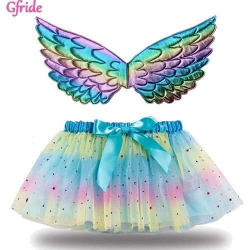 Princess Girls Rainbow Unicorn Pony wings And Tutu Tulle Skirt Kids Children Dress Up Halloween Christmas Fancy Party Costume