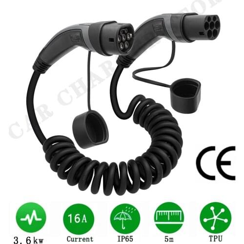 EV Charging spring Cable 16A 3.6KW Single Phase Electric Vehicle Cord for EVSE Car Charger Station Type 2 Female to Male Plug