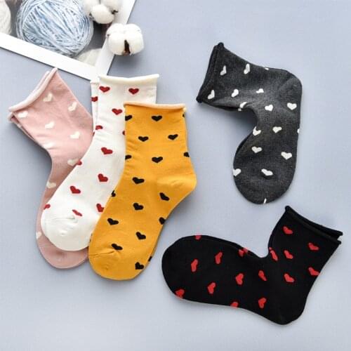Women Japan Style Cute Love Patterned Curled Socks Solid Joker Cotton Socks For Ladies Comfortable Cool New Year Gift Socks Tide