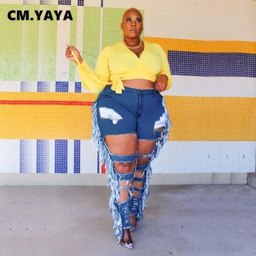 CM.YAYA Women Plus Size Jeans Tassel Hole Ripped Zipper Pockets Skinny Pencil Long Denim Pants Fashion High Streetwear Autumn