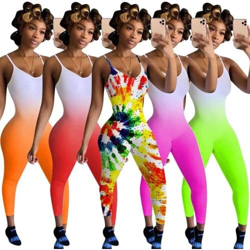 Summer Skinny Spaghetti Strap Romper Women Sleeveless Street Woman Gradient Print Rompers Clubwear Bodycon Bodysuits Jumpsuits