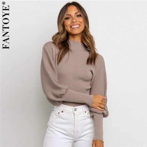 FANTOYE Womens Turtleneck Lantern Sleeve Sweaters Winter Fashion Rib Knitted Jumper Female Casual Solid Fitness Pullover Jacket