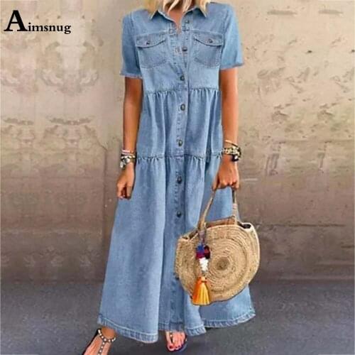 Plus Size 3xl Women Demin Long Dress Single-Breasted Loose Party Dresses 2021 Ladies Vintage Button Casual Maxi Dress Streetwear