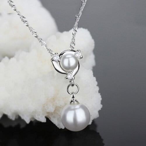 Elegant Fashion 925 Sterling Silver Chain Double Pearls Necklace Cubic Zirconia Crystal Necklaces for Women Girl Wedding Jewelry
