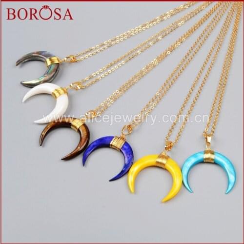 BOROSA Gold Wire Wrapped Crescent Double Horn Rainbow Shell Pendant Necklace Fashion Jewelry Free Shipping G1122-N