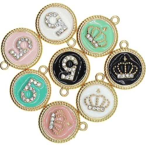 10Pcs/Lot Cute Crown Number five Enamel Round Charms Pendants For Earrings DIY Jewelry Bracelet Decorations Making Finding