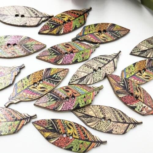 50PCs Wooden 42*15mm Sewing Buttons Scrapbooking Indian feather 2Holes buttons for clothing decorative flat back WB616
