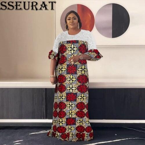 SSEURAT African Women Lace Round Collar Diamond Loose Dress African Clothing 2021 New Style