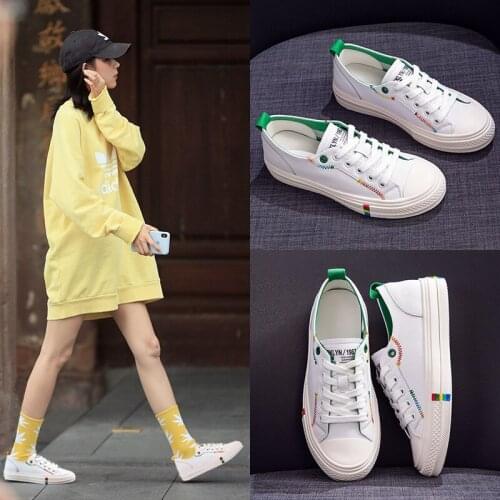 White Sneakers Women Sports Running Shoes Casual Mixed Colors Summer Autumn Lace-Up Round Toe Flat Heels Genuine Leather