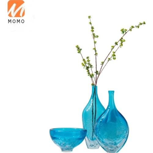 Sea Blue Colored Glaze Glass Vase Entry Luxury Home Ornament Living Room Desktop Flower Model Room Fruit Plate Set Decoration TZ