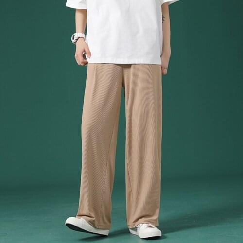 Summer Thin Ice Silk Touch Straight Trousers Mens Fashion Elastic Waist Casual Streetwear Loose Ice Silk Wide Leg Pants