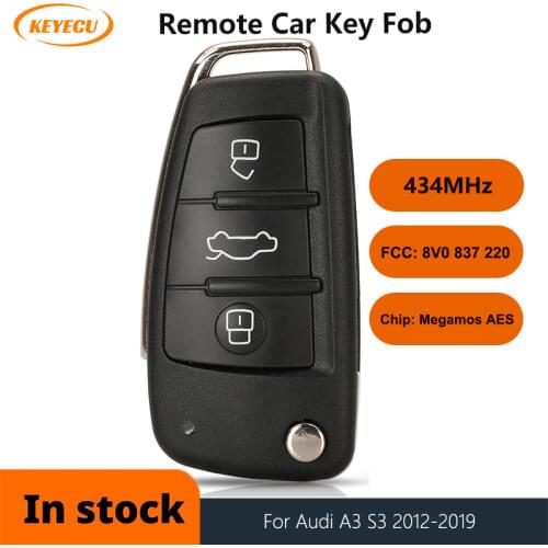 KEYECU 3 Button Remote Car Key 433MHz Fob for Audi A3 S3 2012-2019 with Megamos AES CHIP 8V0 837 220 Remote System