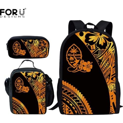 FORUDESIGNS Guam Polynesian Hibiscus Design Canvas Bookbags Large Capacity Schoolbags for Student Teenagers School Bags 3pcs/Set