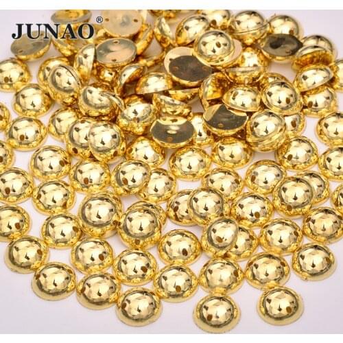JUNAO 500pcs 10mm Gold Sewing Half Beads Rhinestones Applique Flatback Acrylic Strass Crystal Sewn Crystal Beads For Clothing