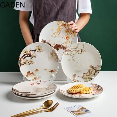 Chinese Style Flower-and-bird Series Ceramic Dinner Plate Round Dish Household Dish Snack Plate Fruit Dish Tableware Supplies
