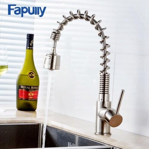 Fapully Spring Pull Down Kitchen Faucet Brushed Nickel 360 Rotating Sink Hot Cold Water Kitchen Tap Sink Mixer Torneira