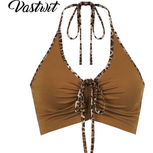 Summer Halter Crop Top Women Sexy Strappy Brown Y2K Halter Backless Cami Tops Tees