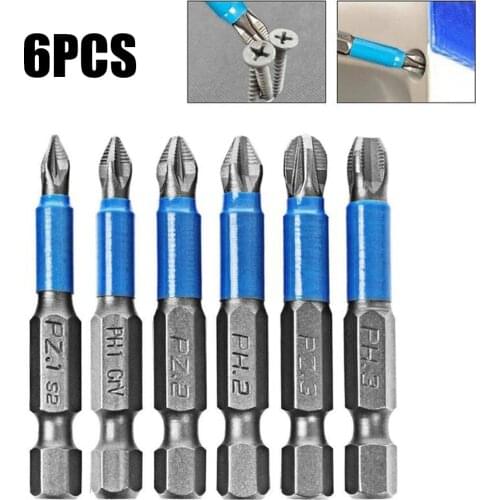 6Pcs Anti Non-slip Screwdriver Bit Set S2 Alloy Steel Screwdriver Magnetic Electric Impact 50mm PH1/PH2/PH3/PZ1/PZ2/PZ3